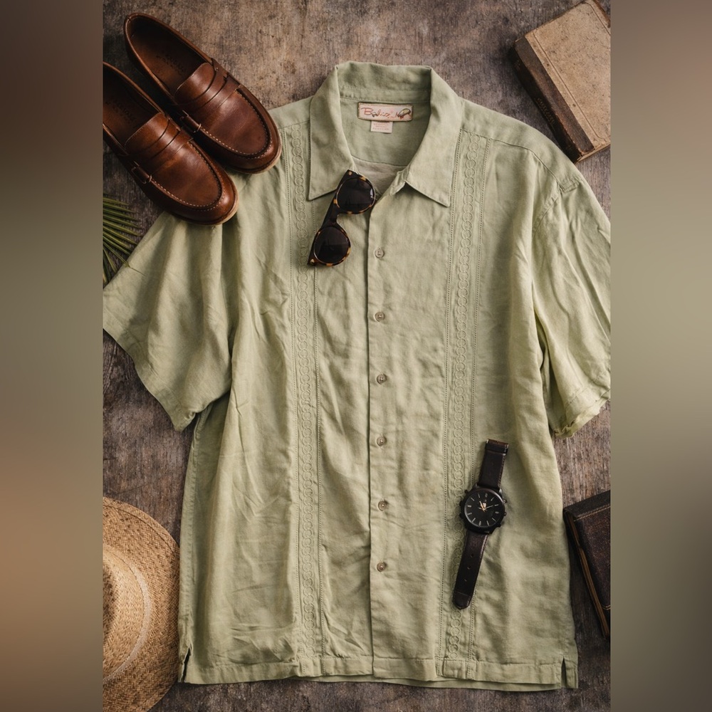 Bohio by JMP 100% Silk Guayabera Shirt Men’s Large Sage Green